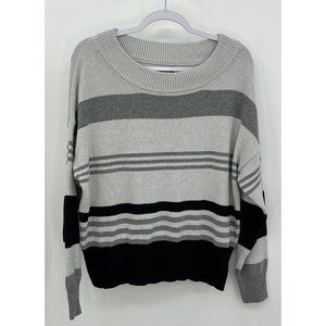 Lucky Brand Black Gray White L Striped Colorblock Knit Boatneck Pullover Sweater